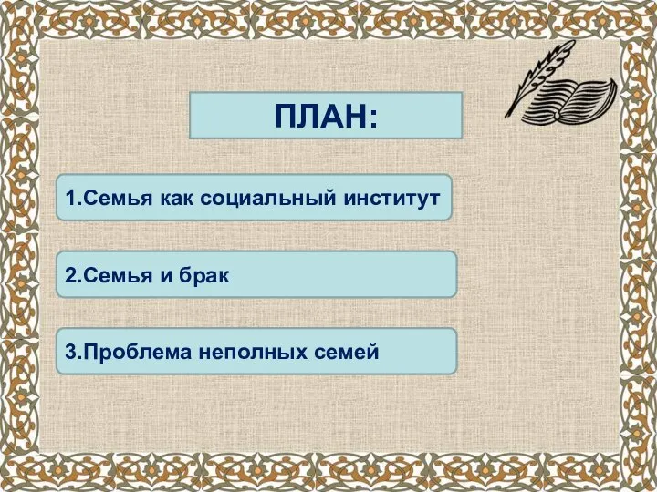 ПЛАН: 1.Семья как социальный институт 2.Семья и брак 3.Проблема неполных семей