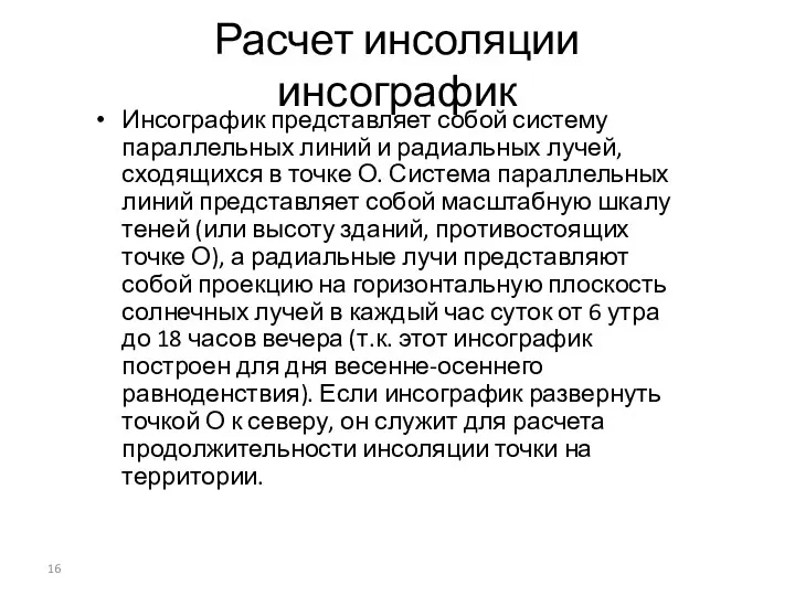 Расчет инсоляции инсографик Инсографик представляет собой систему параллельных линий и радиальных