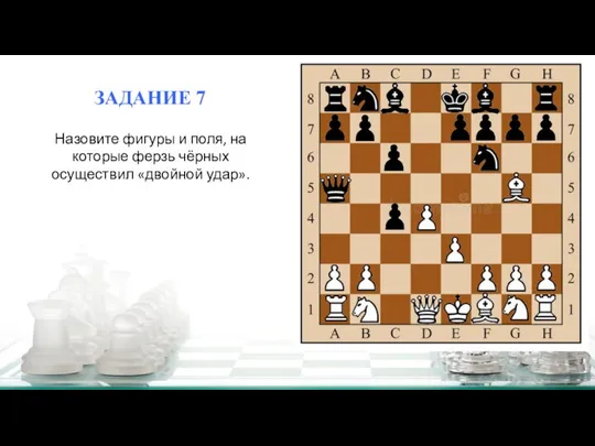 ЗАДАНИЕ 7 Назовите фигуры и поля, на которые ферзь чёрных осуществил «двойной удар».