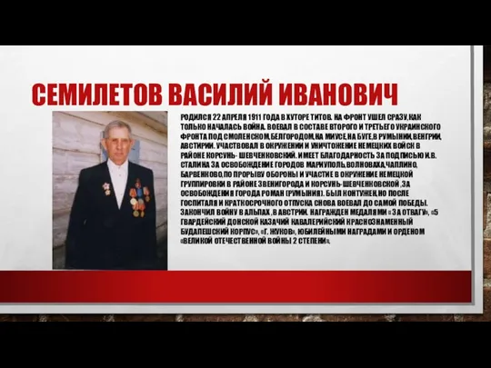 СЕМИЛЕТОВ ВАСИЛИЙ ИВАНОВИЧ РОДИЛСЯ 22 АПРЕЛЯ 1911 ГОДА В ХУТОРЕ ТИТОВ.