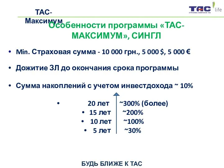 БУДЬ БЛИЖЕ К ТАС ТАС-Максимум Min. Страховая сумма - 10 000