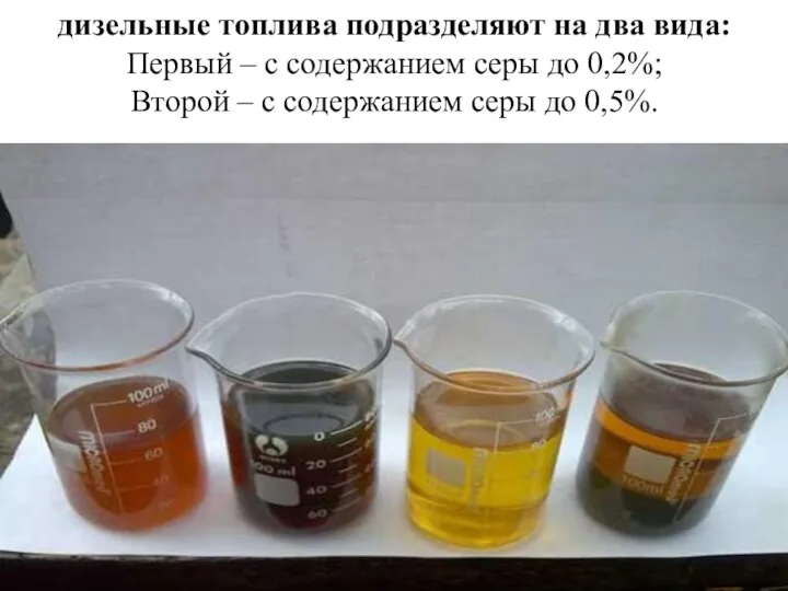 дизельные топлива подразделяют на два вида: Первый – с содержанием серы