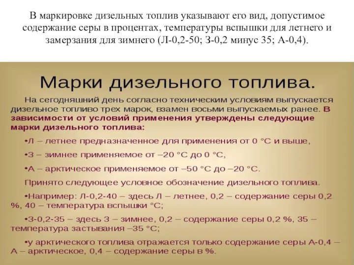 В маркировке дизельных топлив указывают его вид, допустимое содержание серы в