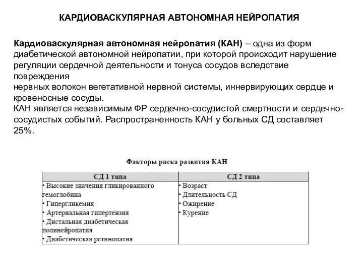 КАРДИОВАСКУЛЯРНАЯ АВТОНОМНАЯ НЕЙРОПАТИЯ Кардиоваскулярная автономная нейропатия (КАН) – одна из форм