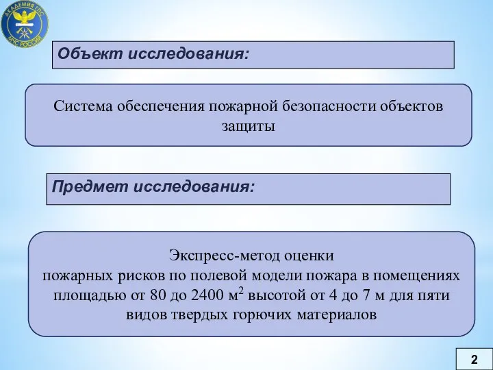 2 Объект исследования: Системa обеспечения пожaрной безопасности объектов защиты Предмет исследования: