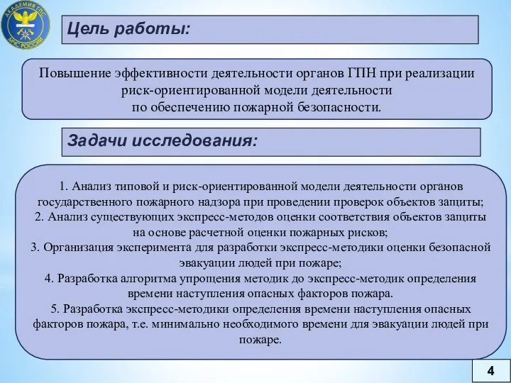 Цель работы: Повышение эффективности деятельности органов ГПН при реализации риск-ориентированной модели