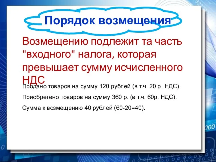 Порядок возмещения Возмещению подлежит та часть "входного" налога, которая превышает сумму