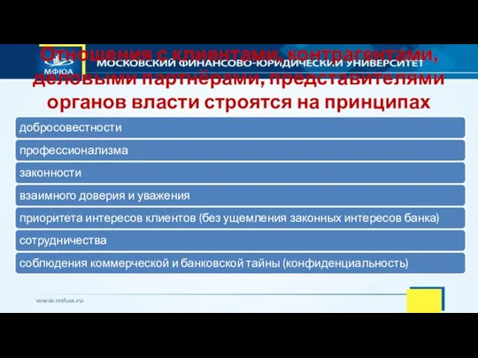 Отношения с клиентами, контрагентами, деловыми партнёрами, представителями органов власти строятся на принципах