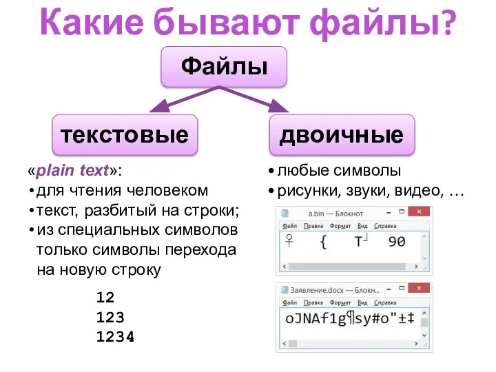 Какие бывают файлы? Файлы текстовые двоичные «plain text»: для чтения человеком