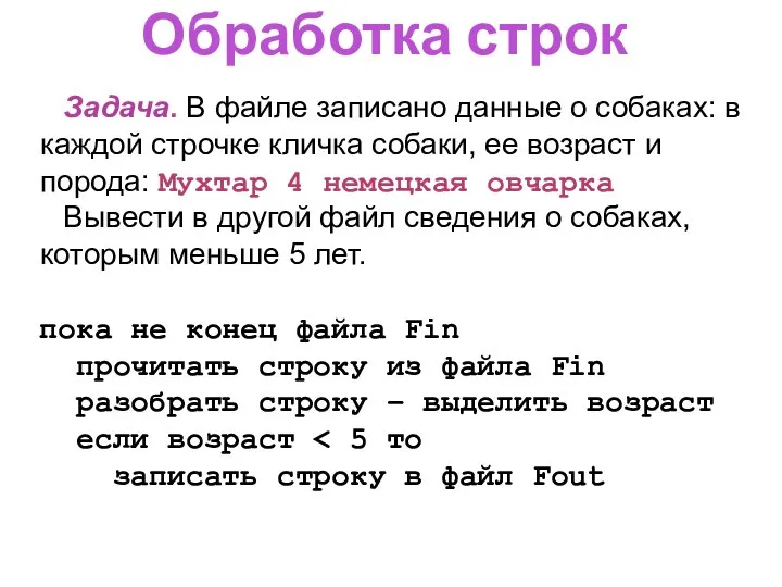 Обработка строк Задача. В файле записано данные о собаках: в каждой