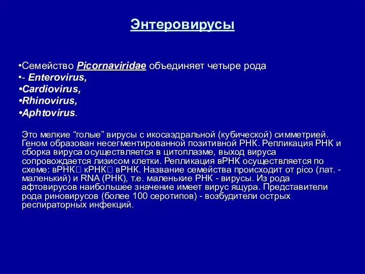 Энтеровирусы Семейство Picornaviridae объединяет четыре рода - Enterovirus, Cardiovirus, Rhinovirus, Aphtovirus.