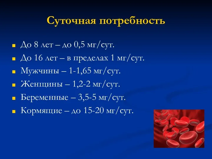 Суточная потребность До 8 лет – до 0,5 мг/сут. До 16