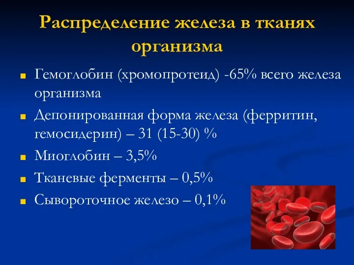 Распределение железа в тканях организма Гемоглобин (хромопротеид) -65% всего железа организма