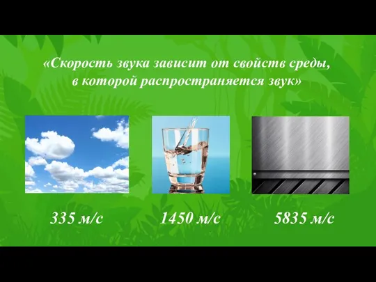 «Скорость звука зависит от свойств среды, в которой распространяется звук» 335 м/с 1450 м/с 5835 м/с