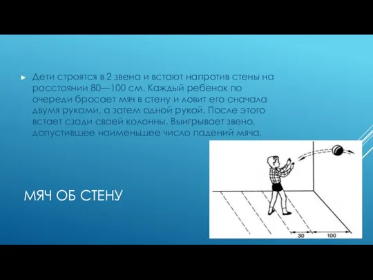 МЯЧ ОБ СТЕНУ Дети строятся в 2 звена и встают напротив