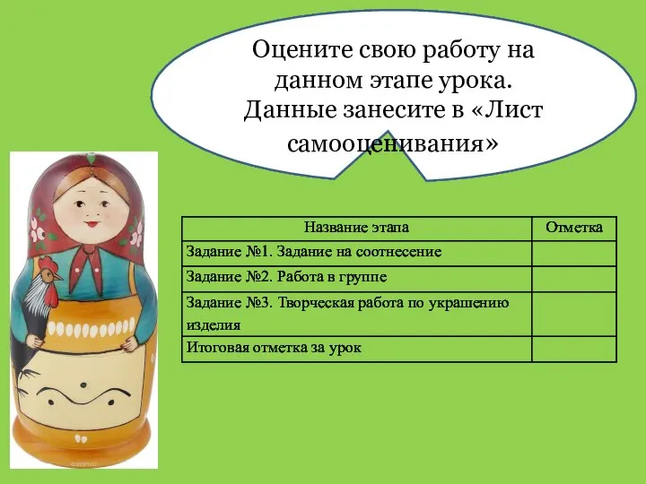 Оцените свою работу на данном этапе урока. Данные занесите в «Лист самооценивания»