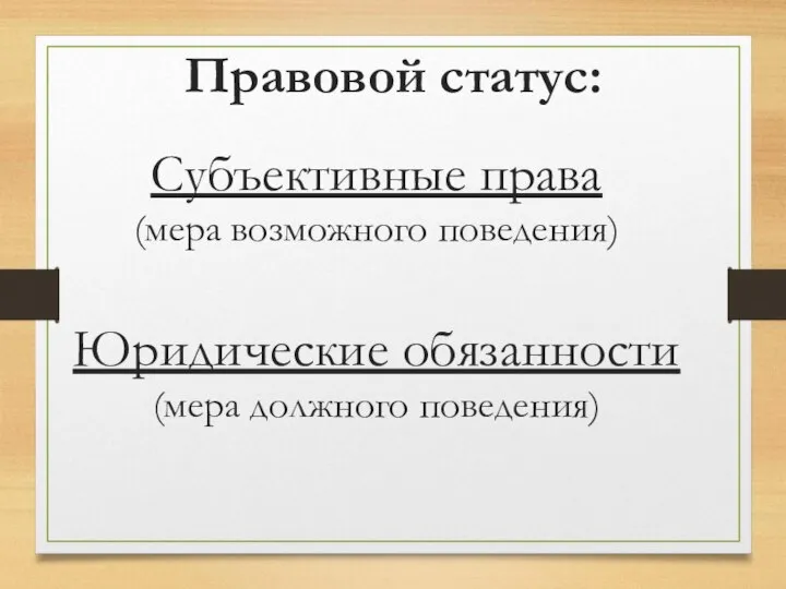 Субъективные права (мера возможного поведения) Юридические обязанности (мера должного поведения) Правовой статус: