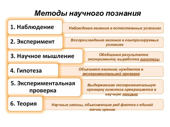 Методы научного познания Обобщение результатов эксперимента; выработка гипотезы Выдержавшая экспериментальную проверку