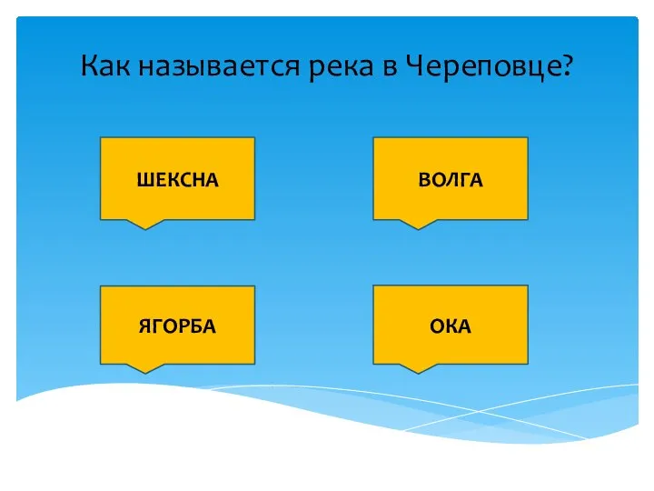 Как называется река в Череповце? ШЕКСНА ВОЛГА ЯГОРБА ОКА