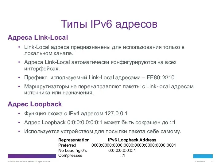 Типы IPv6 адресов Адреса Link-Local Link-Local адреса предназначены для использования только
