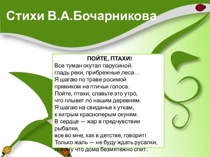 Стихи В.А.Бочарникова ПОЙТЕ, ПТАХИ! Все туман окутал парусиной: гладь реки, прибрежные