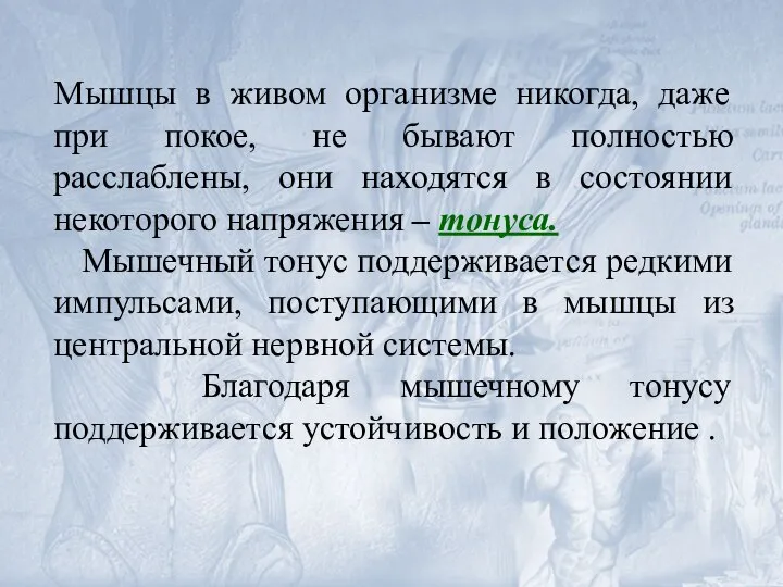 Мышцы в живом организме никогда, даже при покое, не бывают полностью