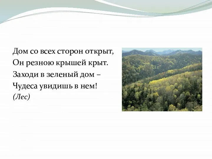 Дом со всех сторон открыт, Он резною крышей крыт. Заходи в