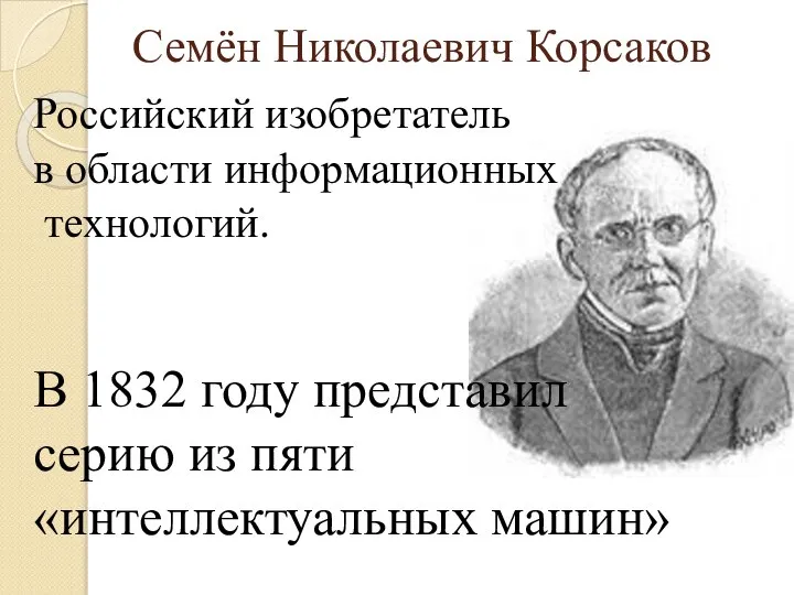 Семён Николаевич Корсаков Российский изобретатель в области информационных технологий. В 1832