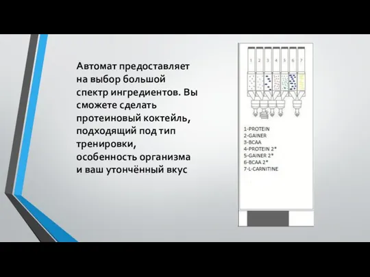 Автомат предоставляет на выбор большой спектр ингредиентов. Вы сможете сделать протеиновый