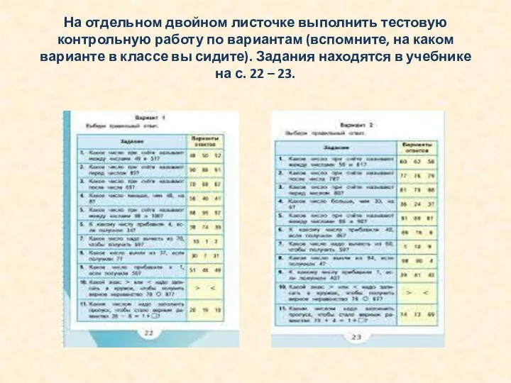 На отдельном двойном листочке выполнить тестовую контрольную работу по вариантам (вспомните,