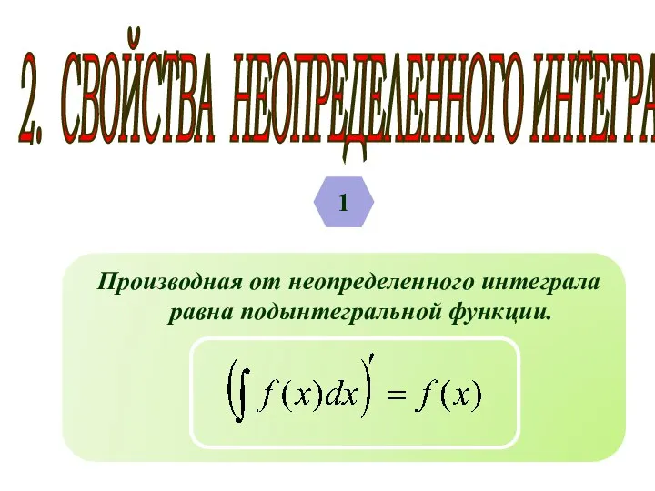 2. СВОЙСТВА НЕОПРЕДЕЛЕННОГО ИНТЕГРАЛА 1 Производная от неопределенного интеграла равна подынтегральной функции.