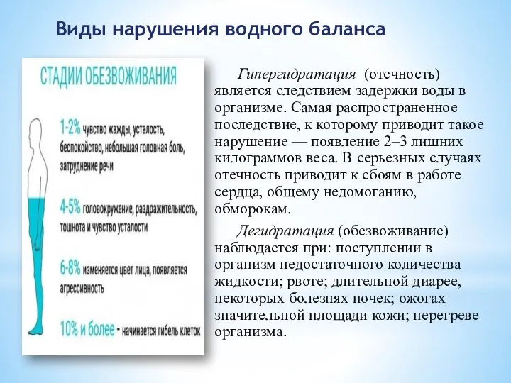 Виды нарушения водного баланса Гипергидратация (отечность) является следствием задержки воды в