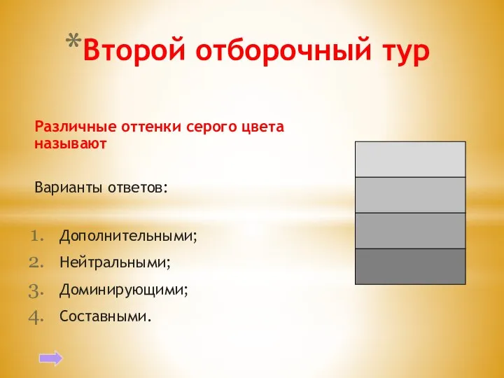 Второй отборочный тур Различные оттенки серого цвета называют Варианты ответов: Дополнительными; Нейтральными; Доминирующими; Составными.