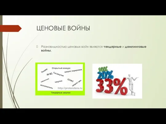 ЦЕНОВЫЕ ВОЙНЫ Разновидностью ценовых войн являются тендерные и демпинговые войны.