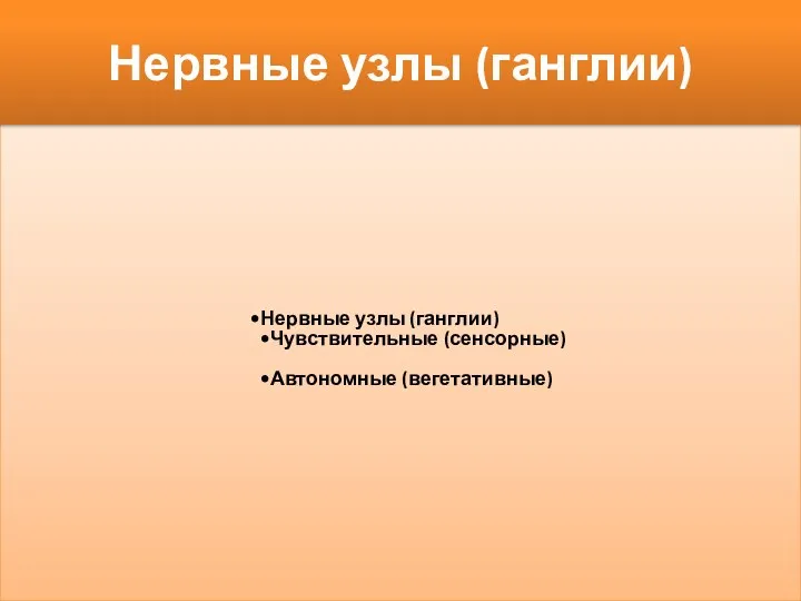 Нервные узлы (ганглии) Нервные узлы (ганглии) Чувствительные (сенсорные) Автономные (вегетативные)