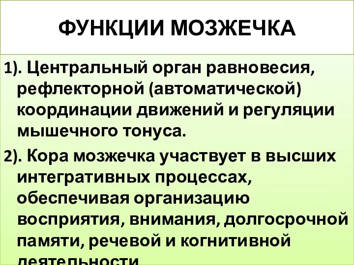 ФУНКЦИИ МОЗЖЕЧКА 1). Центральный орган равновесия, рефлекторной (автоматической) координации движений и