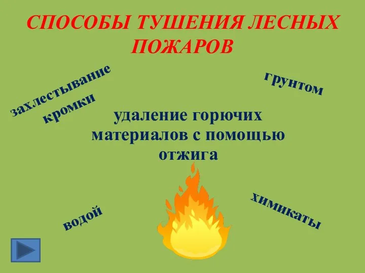 СПОСОБЫ ТУШЕНИЯ ЛЕСНЫХ ПОЖАРОВ захлестывание кромки грунтом водой удаление горючих материалов с помощью отжига химикаты