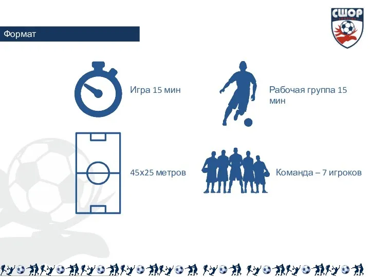 Формат Игра 15 мин 45х25 метров Рабочая группа 15 мин Команда – 7 игроков