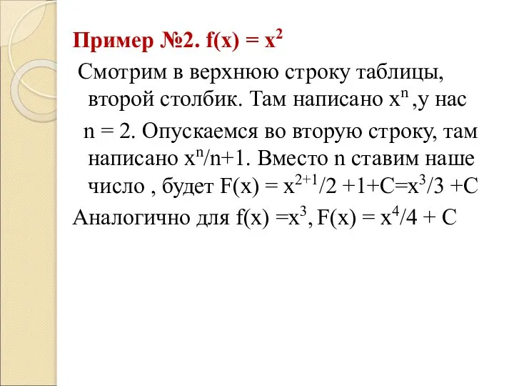 Пример №2. f(х) = х2 Смотрим в верхнюю строку таблицы, второй