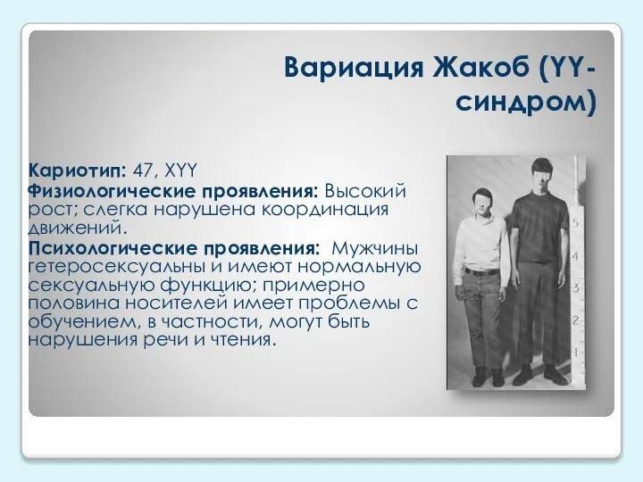 Вариация Жакоб (YY-синдром) Кариотип: 47, XYY Физиологические проявления: Высокий рост; слегка