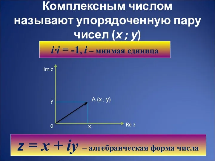 Комплексным числом называют упорядоченную пару чисел (х ; у) i·i =