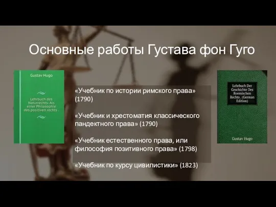 Основные работы Густава фон Гуго «Учебник по истории римского права» (1790)