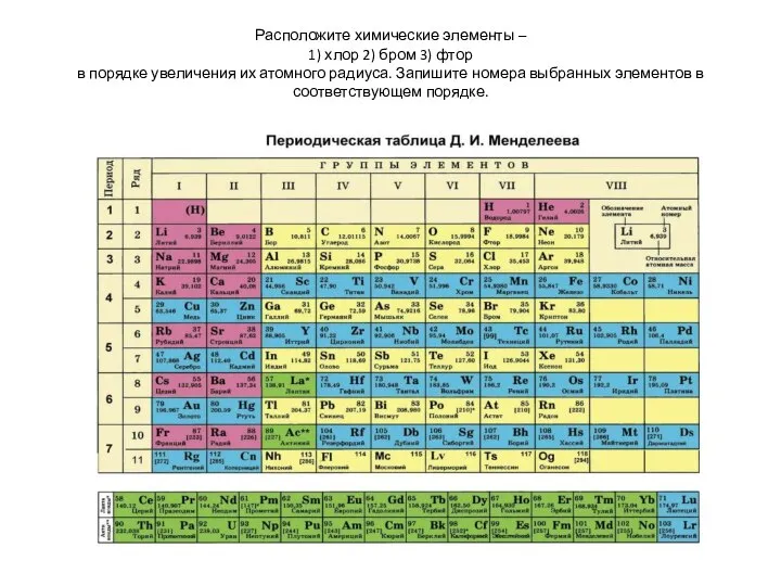 Расположите химические элементы – 1) хлор 2) бром 3) фтор в