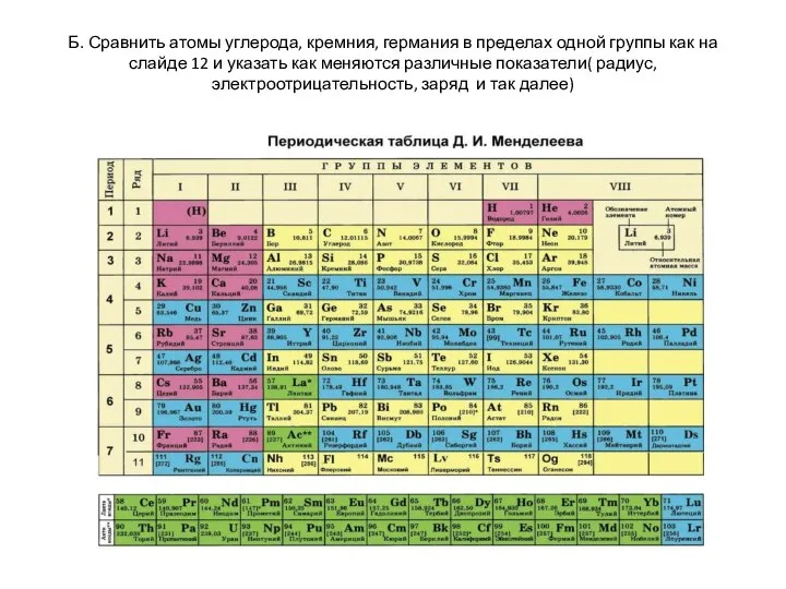 Б. Сравнить атомы углерода, кремния, германия в пределах одной группы как