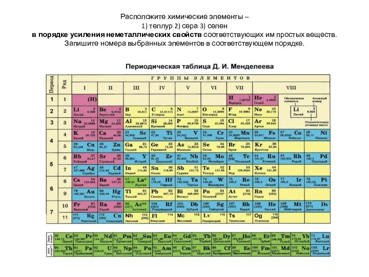 Расположите химические элементы – 1) теллур 2) сера 3) селен в