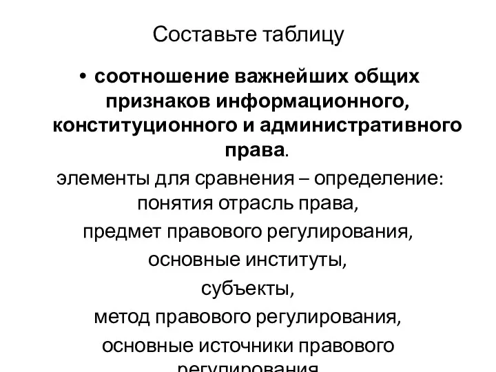 Составьте таблицу соотношение важнейших общих признаков информационного, конституционного и административного права.