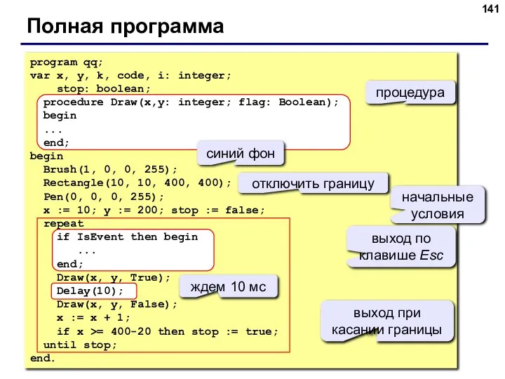 Полная программа program qq; var x, y, k, code, i: integer;