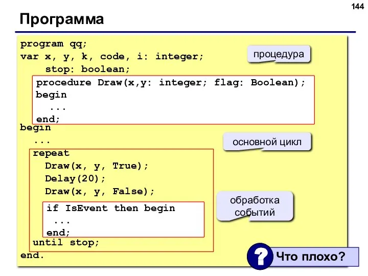 Программа program qq; var x, y, k, code, i: integer; stop: