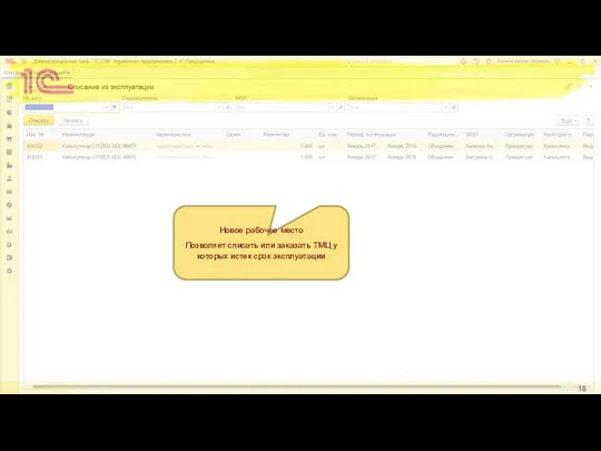 Новое рабочее место Позволяет списать или заказать ТМЦ у которых истек срок эксплуатации