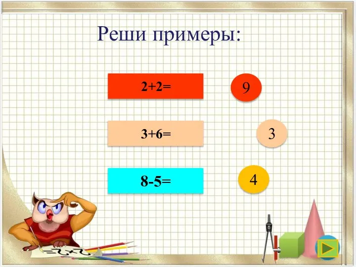 Реши примеры: 2+2= 3+6= 8-5= 4 3 9